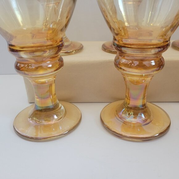 Set Of 6 Vintage Libbey Splash Amber Iridescent Glass Goblets With Ribbed Stem - Picture 3 of 8